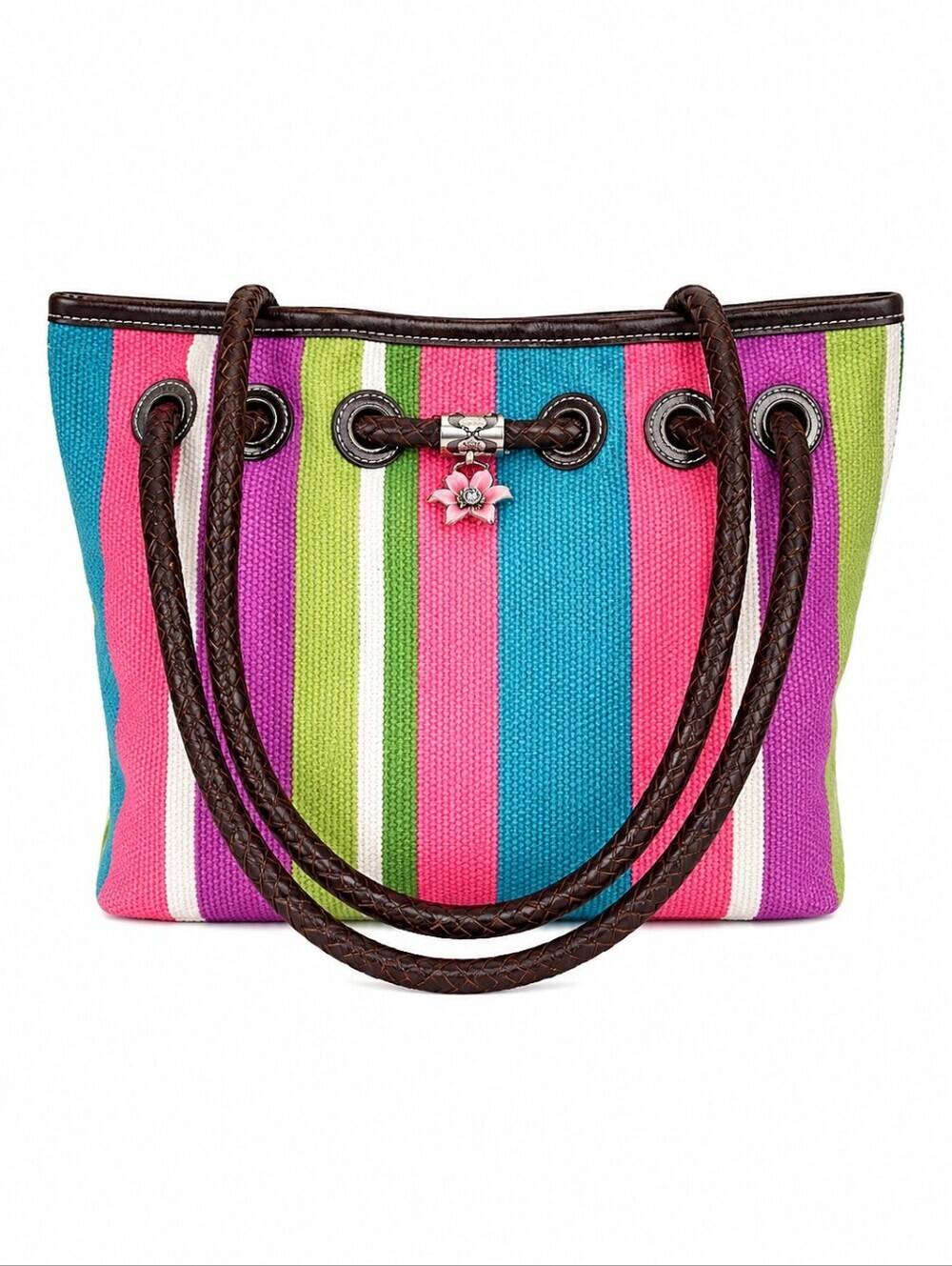 BRIGHTON Striped Rainbow Canvas Braided Leather Carpet Bag